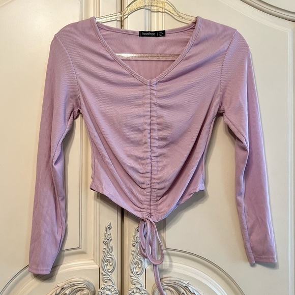 BOOHOO Ruched Chinch Tie Front Long-Sleeve Crop Top in Lilac Purple, Size 4 EUC - Picture 6 of 10
